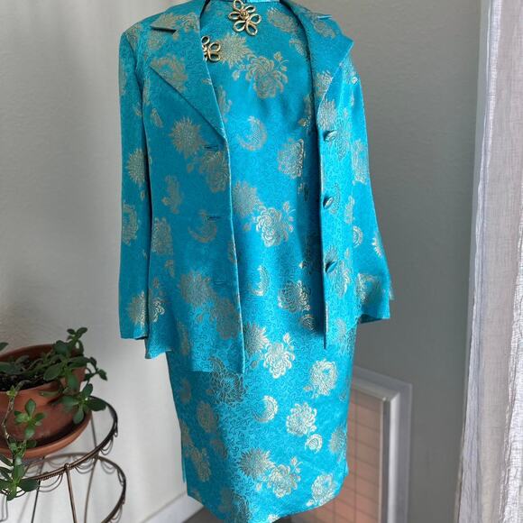 Vintage Women’s Small Turquoise Brocade Dress & Jacket Set - Picture 1 of 6